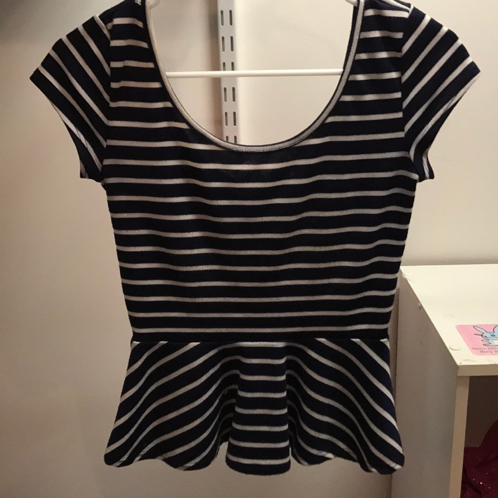 Navy blue and white striped peplum shirt